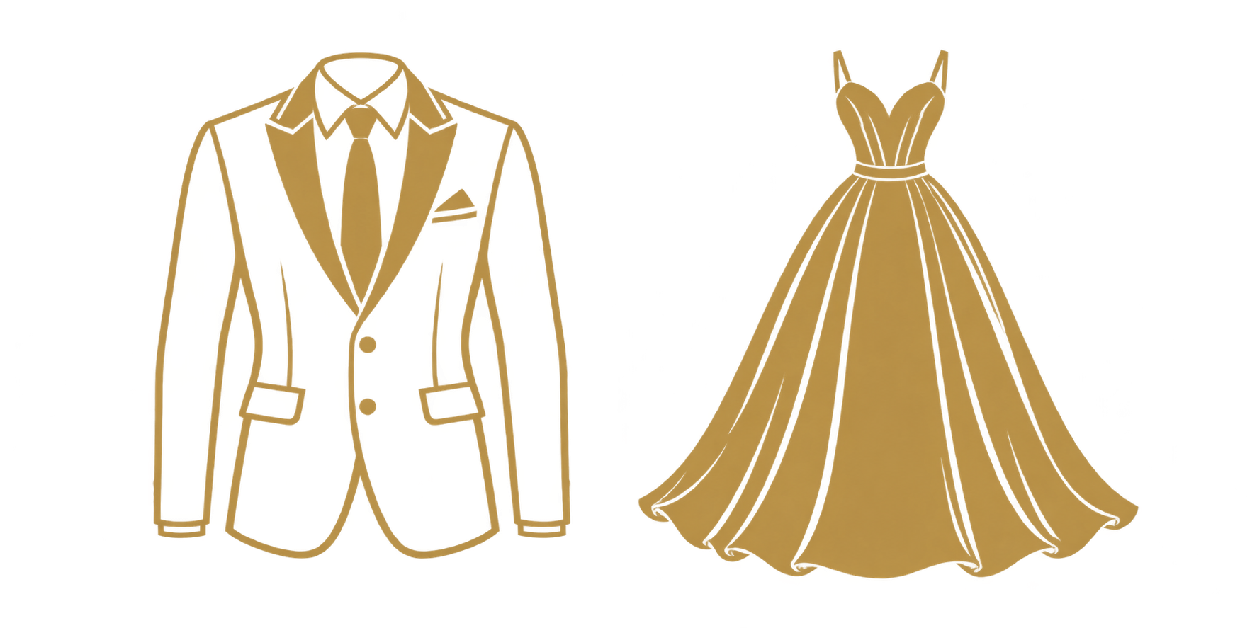 Traje formal con corbata y vestido largo de gala